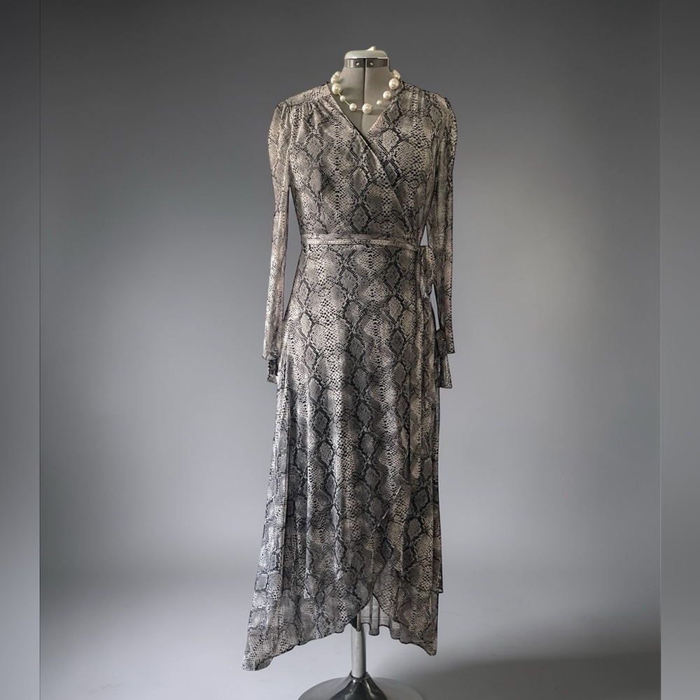 Betsey Johnson Snake Print Wrap Maxi Dress Animal Print Long Sleeve Petite 8P